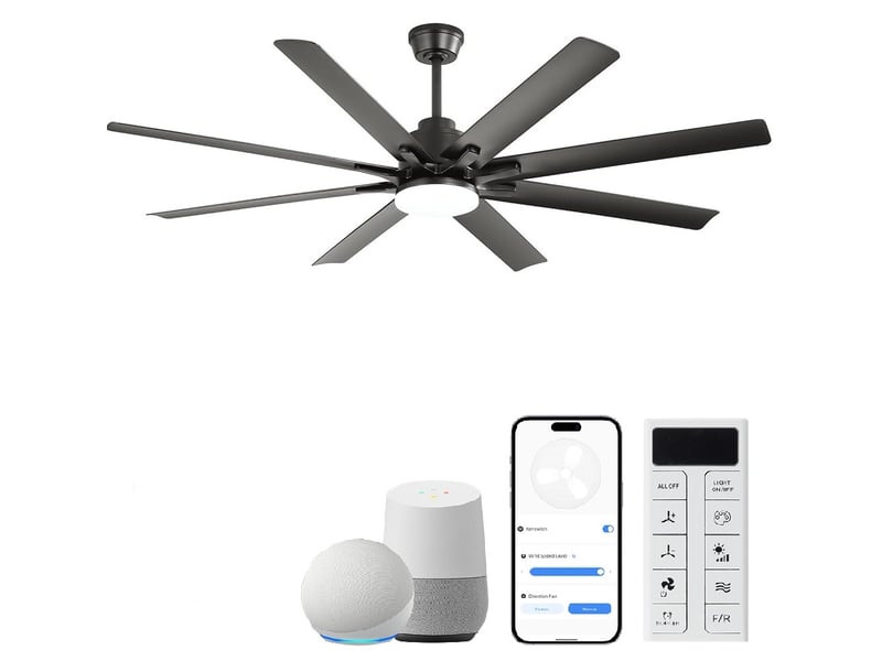  Ventilateur de plafond intelligent 168 cm avec led réglable, moteur réversible, contrôle à distance, abs, nickel brossé  - Conforama A