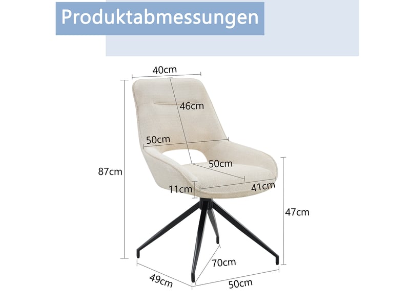  Lot de 2 chaise de salle à manger 50x49 cm pivotante 360°, assise confortable, dossier ergonomique, tissu+métal, beige+noir  - Conforama C