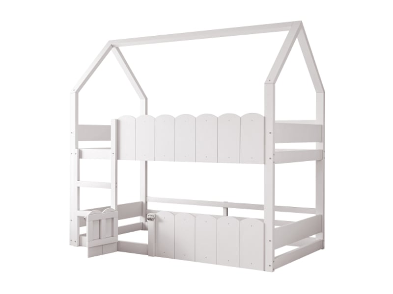  Lit superposé enfant 90x200 cm, lit cabane avec barrière de sécurité, blanc, sans matelas  - Conforama E