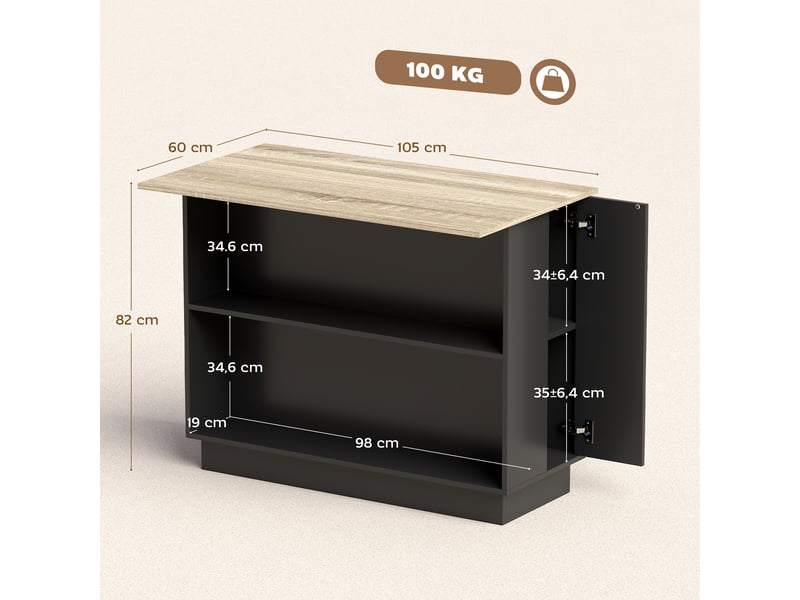  Îlot de cuisine 2 placards 2 étagères ouvertes noir et effet bois 105 x 60 x 82 cm  - Conforama C