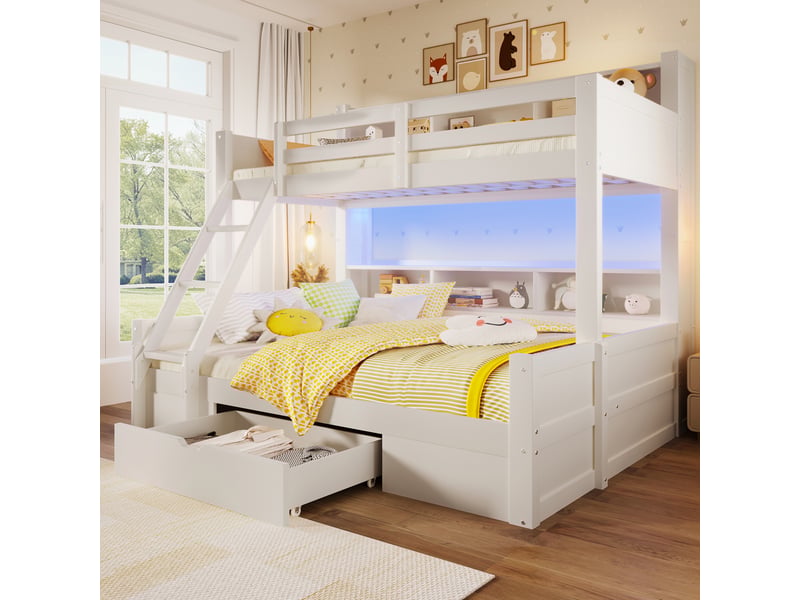  Lit superposé enfant 90x200 cm et 140x200 cm blanc avec led et rangement  - Conforama B