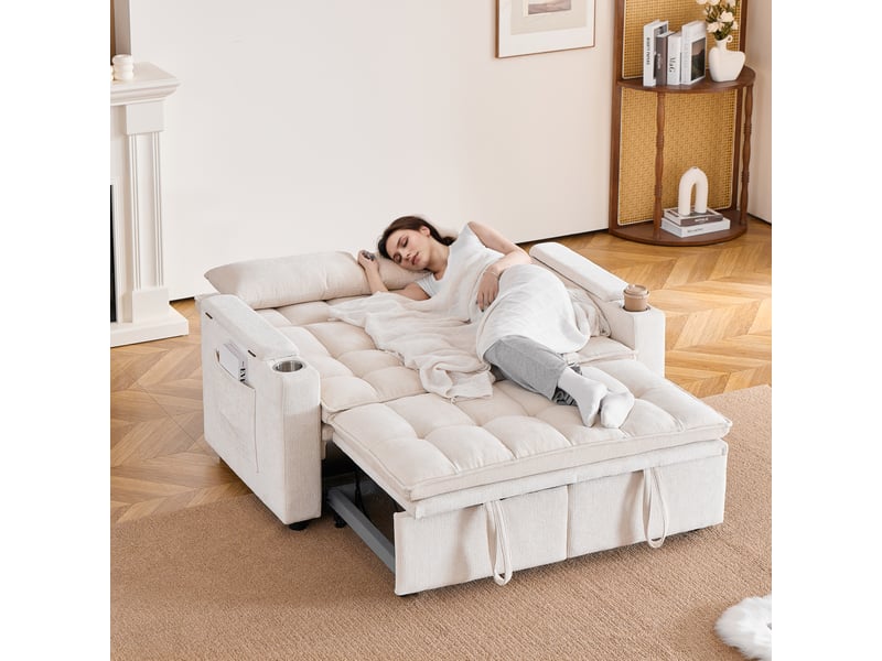  Canapé-lit convertible 3-en-1 142 cm, avec rangement, porte-gobelets, poches latérales et 2 coussins lombaires - beige  - Conforama E
