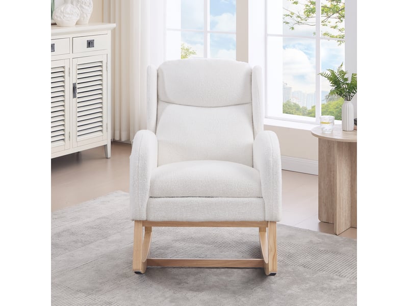  Fauteuil à bascule, repose-pieds et poches de rangement en tissu teddy blanc  - Conforama D
