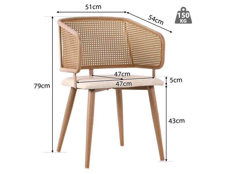  Lot de 2 chaises de salle à manger 47x51x79 cm dossier en rotin pe, métal et polyuréthane (pu), beige et marron  - Conforama C