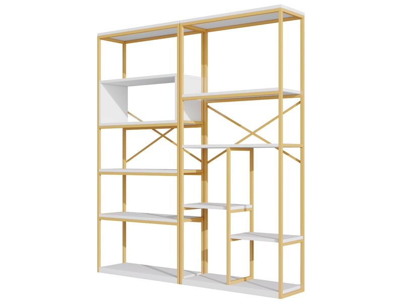  Bibliothèque 160 x 29,5 x 180 cm doré et blanc en mdf et métal, rangement ouvert moderne pour livres et déco  - Conforama D
