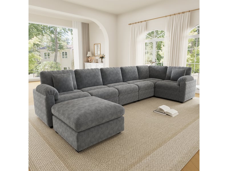 Canapé d angle modulable xxl 7 places 274,5 x 210,5 x 85,5 cm en u ou l avec pouf séparé coussins assise profonde tissu côtelé structure solide gris BUYDEEMEUS - Conforama D