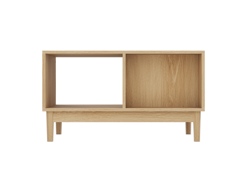  Table basse 80 cm mi-siècle moderne - cadre treillis, tiroir, étagères ouvertes, pieds en chêne massif  - Conforama D