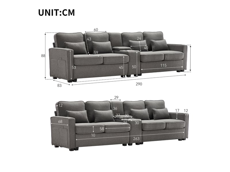  Canapé 4 places 290x83x88 cm avec console, 2 porte-gobelets et 2 ports usb en tissu aspect lin gris foncé  - Conforama E
