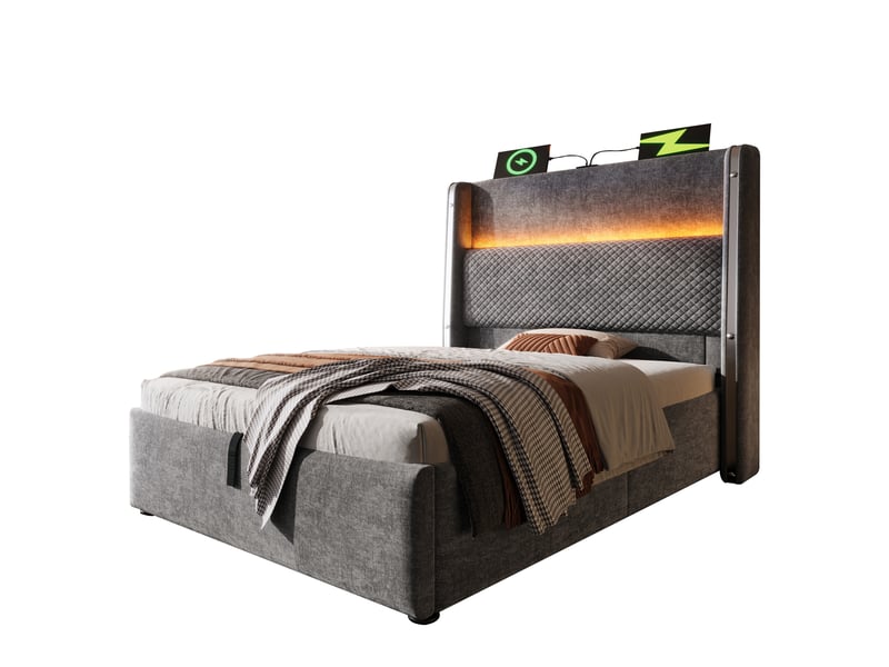  Modenvie lit coffre 90x200 cm - tête de lit haute, led, ports usb et type-c, matelas inclus - gris  - Conforama A