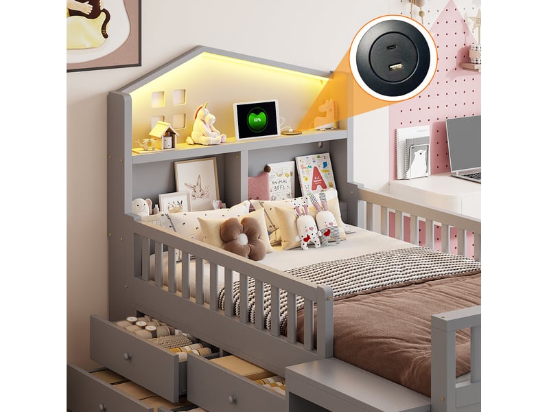  Lit simple 90x200 cm, lit enfant, tiroirs, marche latérale, led, charge, rangement, sommier, pin, gris, sans matelas  - Conforama D