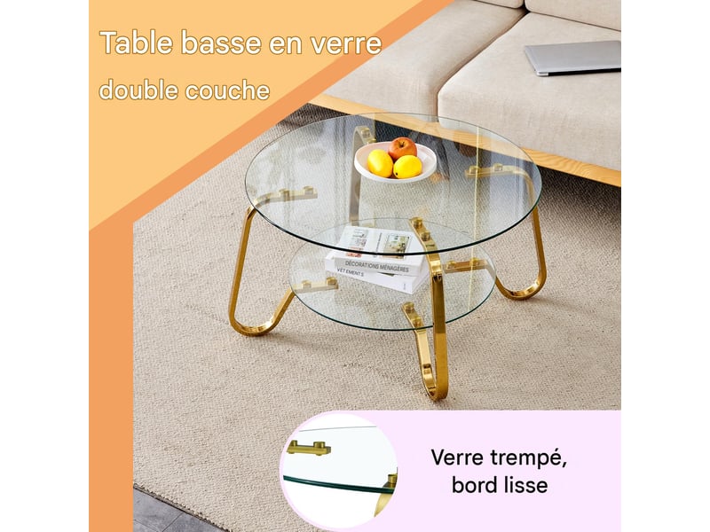  Table basse double plateau en verre trempé et métal doré 80x80x45 cm - pangivo  - Conforama D