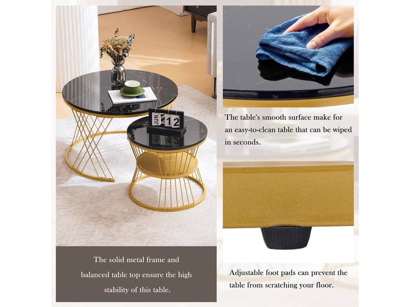  Tables basses gigognes rondes, lot de 2, mdf effet marbre noir et métal doré, diamètres 70 et 45 cm  - Conforama R