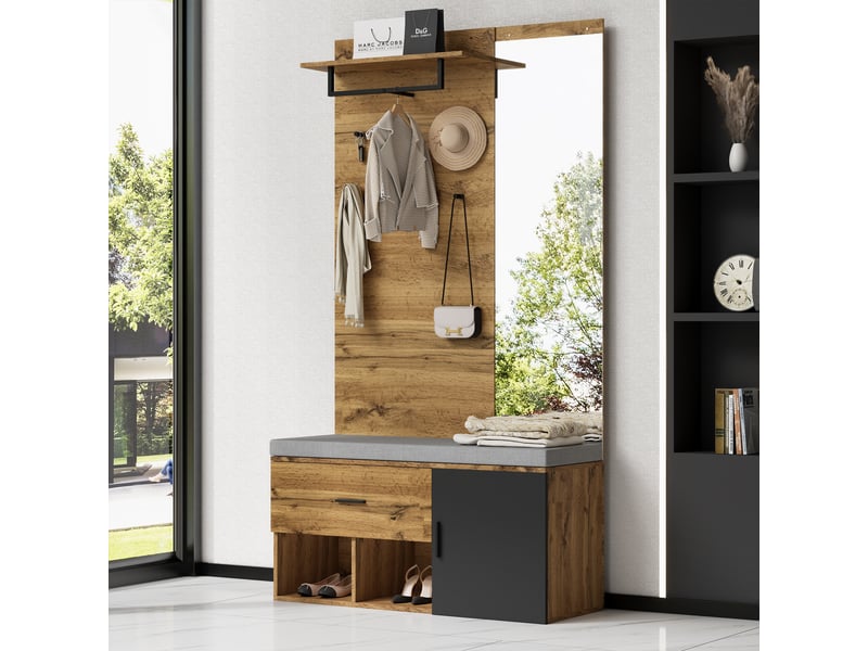  Meuble d'entrée avec miroir, banc à chaussures rembourré, rangement et 4 patères, effet chêne, 104×39×190 cm  - Conforama C