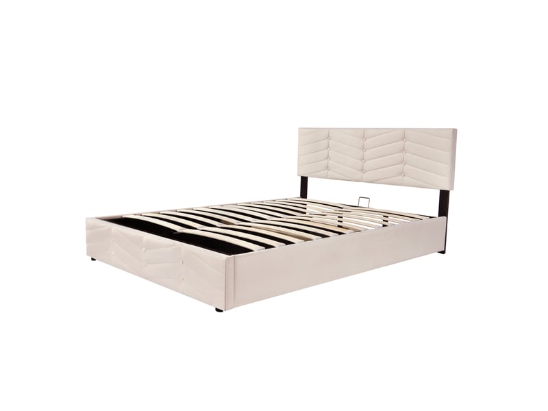  Lit capitonné 140 x 200 cm avec sommier à lattes et tête de lit réglable en hauteur, pour adultes et adolescents, support à lattes en bois, montage facile, velours beige.  - Conforama E
