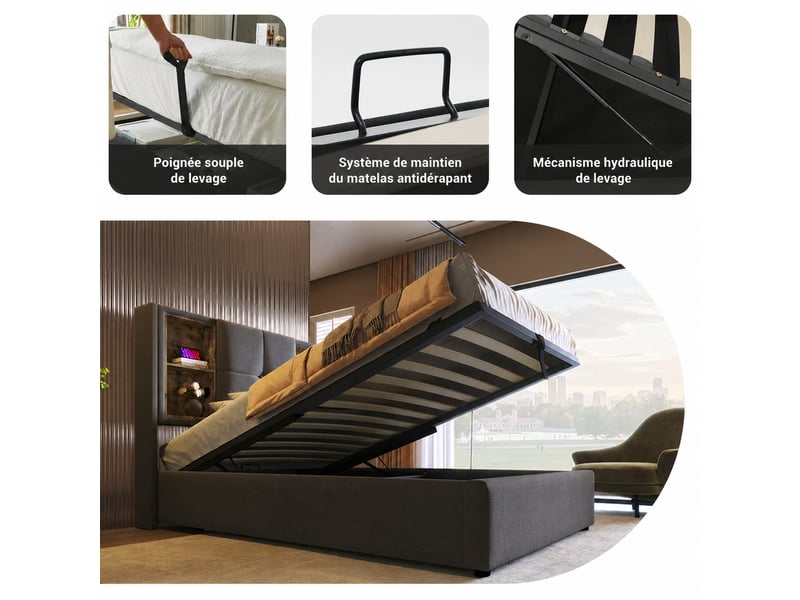 Lit coffre 90x200 avec sommier relevable, recharge sans fil, coton gris - Conforama E