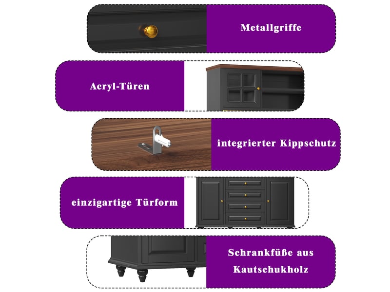  Buffet de cuisine 140x40x179,5 cm - 4 portes et 4 tiroirs, éclairage led rgb, étagères réglables, porte-verres - noir  - Conforama E