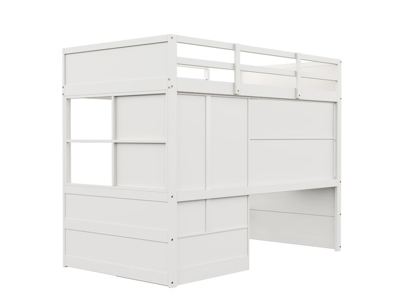 Lit mezzanine 90x200 cm avec échelle, bureau, armoire et tiroirs, bois, blanc sans matelas  - Conforama D