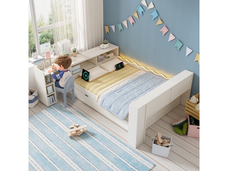  Lit gigogne 140 x 190 cm avec lit d’appoint 90 x 190 cm, led, blanc  - Conforama B