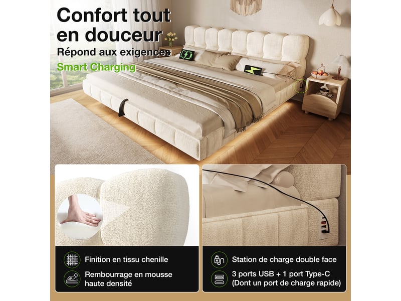 Lit coffre hydraulique 180x200 cm avec led, usb-c, tête de lit capitonnée design nuage, lit double en chenille avec rangement - beige - Conforama E