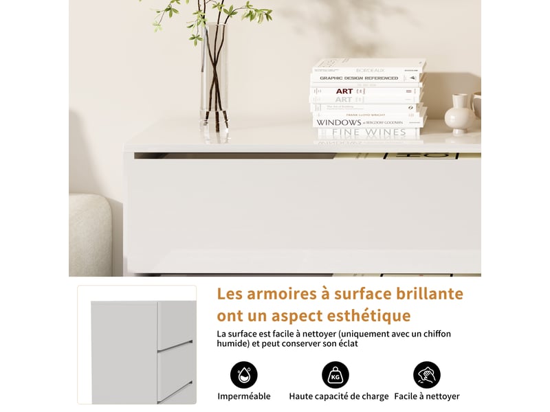 Kefsr buffet blanc brillant avec led - meuble tv & bahut moderne 2 portes 3 tiroirs, sans poignée, design laqué pour salon, salle à manger et entrée (160x35x76cm) - Conforama E