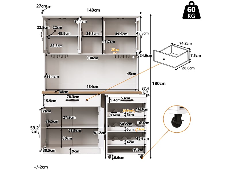 Meuble de cuisine muvano blanc avec desserte amovible et éclairage led, buffet 140 x 38 x 180 cm  - Conforama W