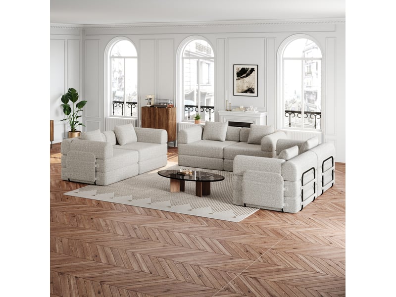  Canapé modulaire convertible 6 places avec rangement d’accoudoir et structure en acier, en chenille kaki  - Conforama B