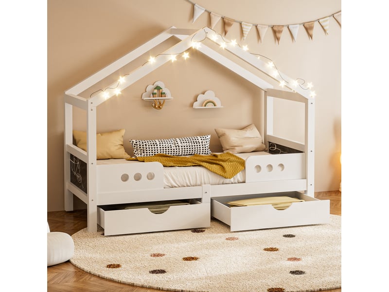  Lit cabane enfant 90x200 cm avec 2 grands tiroirs, sommier à lattes, finition vernis uv, cadre en mdf, blanc  - Conforama R