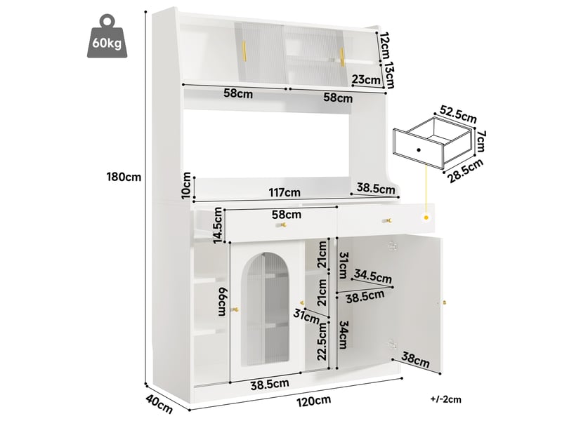  Buffet de cuisine blanc 120x180cm, meuble haut avec portes vitrées coulissantes et 2 tiroirs, étagères réglables pour rangement cuisine moderne  - Conforama C
