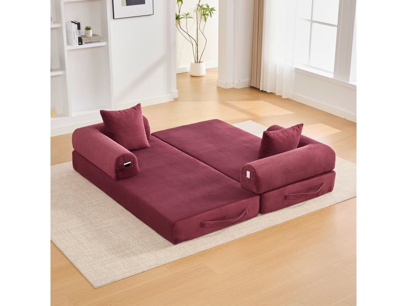 Canapé modulaire 3 places avec poches latérales et 3 coussins, structure en métal, velours côtelé rouge lie-de-vin - Conforama E