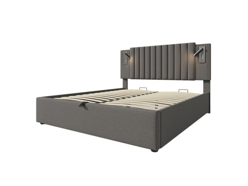  Lit double 180x200 cm gris avec rangements, tête de lit lumineuse et usb  - Conforama A