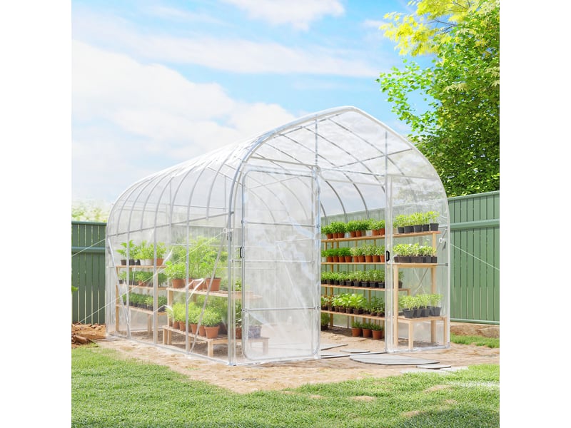  Serre tunnel de jardin 12m² film po anti-goutte acier galvanisé 25mm structure renforcée 2 portes battantes transparent  - Conforama D