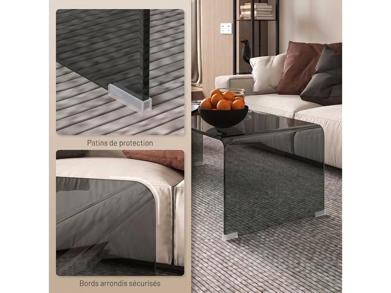  Table basse en verre, table de salon rectangulaire design moderne avec arrondis bords sûrs, gris clair transparent  - Conforama E