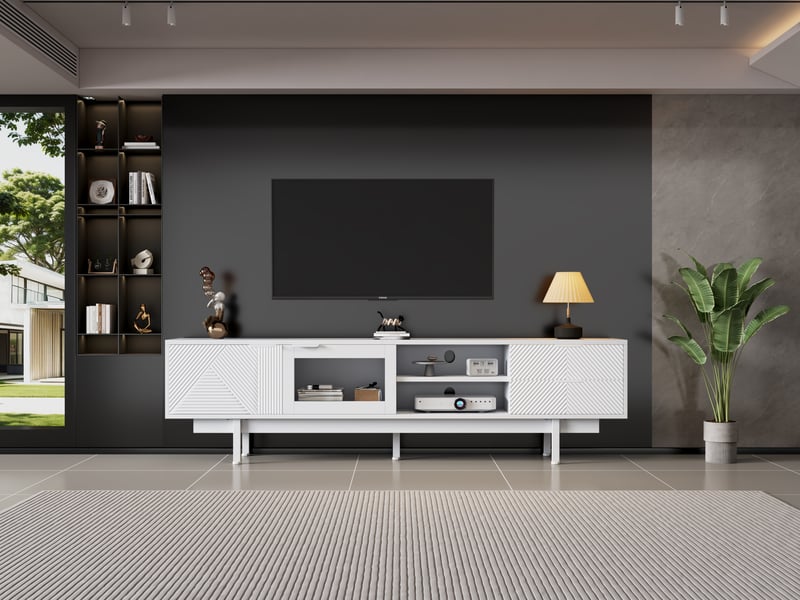  Meuble tv 200 cm blanc moderne pour 80 pouces avec 2 portes et 2 tiroirs  - Conforama C