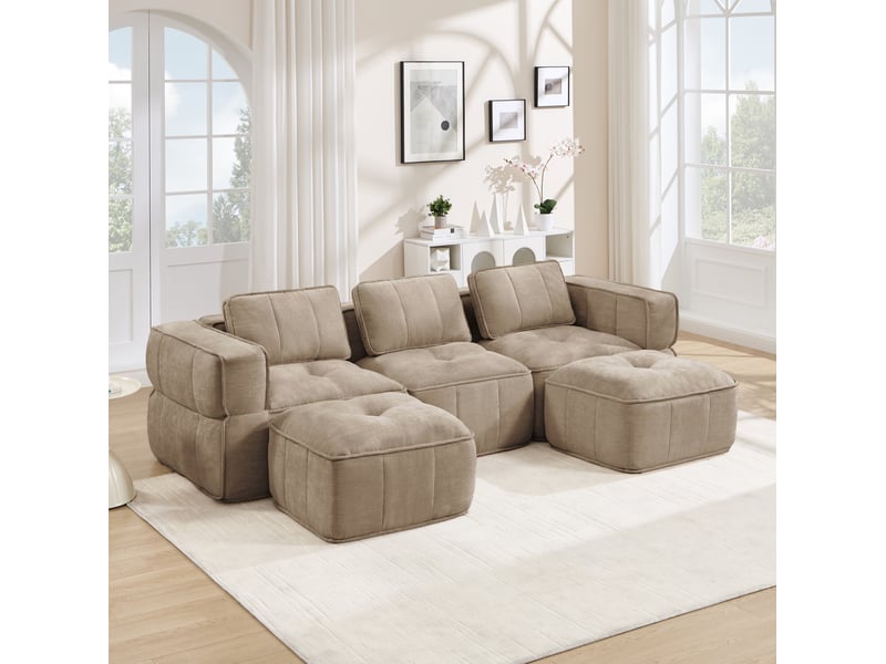  Canapé modulaire en u 3 places avec 2 poufs, assise profonde sans structure rigide en polyester beige sable  - Conforama D