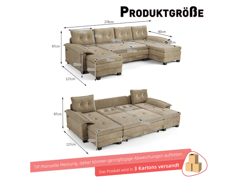  Canapé panoramique convertible modulable 4 places en u 278x127x87 cm, canapé-lit gigogne, couchage 242x117 cm, ports usb, tissu chenille chameau  - Conforama D