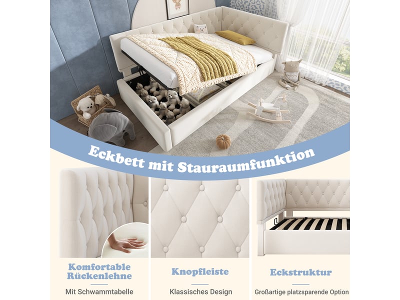  Lit banquette 90x200 lit coffre velours beige avec rangement hydraulique sommier à lattes  - Conforama D