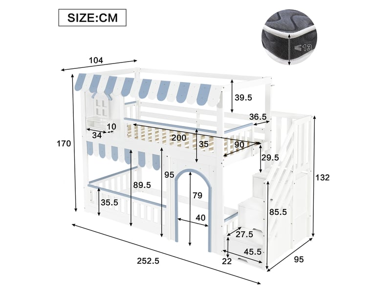  Lit superposé enfant 90x200 cm avec escalier de rangement, blanc et bleu  - Conforama E