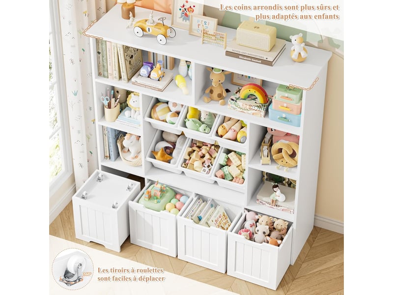  Meuble rangement enfant bibliothèque enfant tiroir roulant blanc  - Conforama D