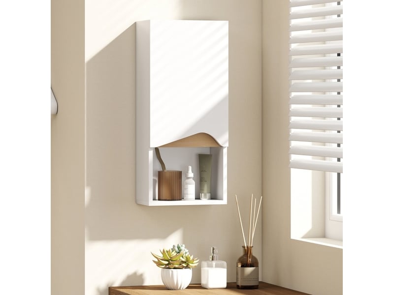  Armoire murale de salle de bains 30x17x67 cm porte soft-close et niche ouverte panneau de particules blanc  - Conforama B