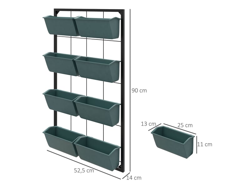  Jardinière murale 52,5 x 14 x 90 cm – vert foncé – 8 pots, structure en acier  - Conforama C