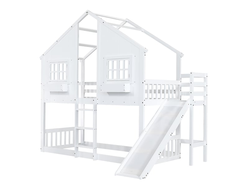 Lit mezzanine cabane avec toboggan - 90x200cm - 2 fenêtres et échelle à 3 marches - avec sommier à lattes - blanc et naturel - Conforama A
