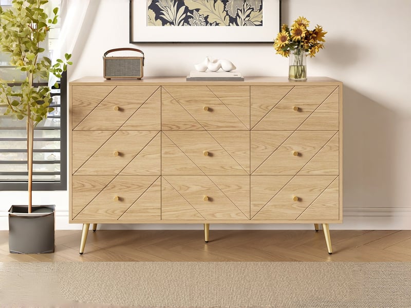  Commode moderne à 9 tiroirs avec pieds en fer – 120 x 39 x 80 cm – motifs géométriques élégants – couleur naturel  - Conforama B