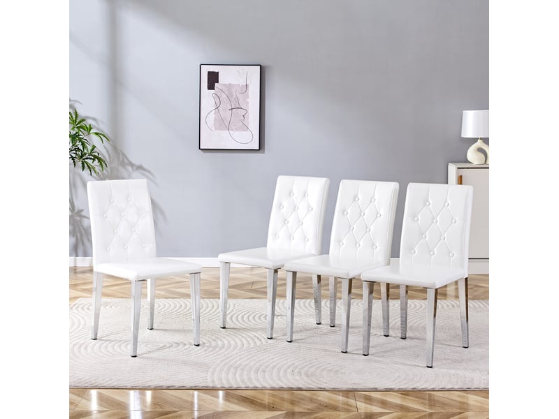  Lot de 4 chaises de salle à manger 89 cm, chaise cuisine, confort, dossier à piqûres losanges, pu blanc, métallique argenté  - Conforama D