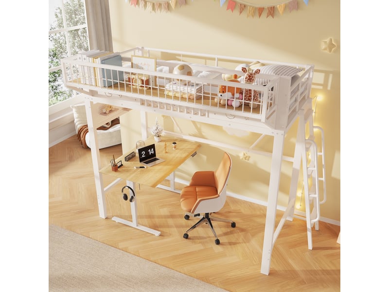  Lit mezzanine 90x200cm - lit simple en métal avec étagère suspendue et échelle réversible pour enfant et ado - blanc  - Conforama B