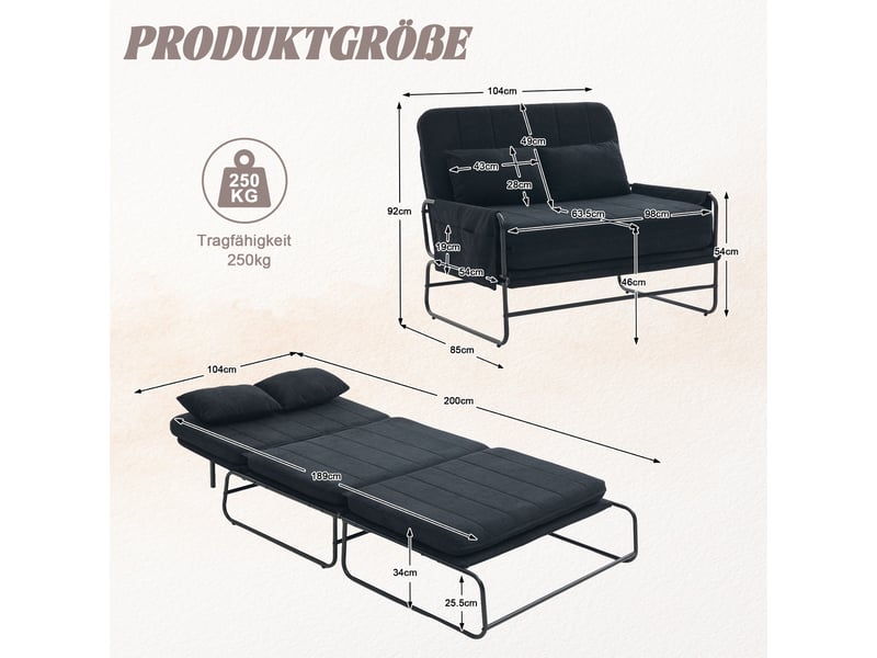 Canapé convertible 2 places avec poches latérales et structure en métal, en chenille noir, 104 × 85 × 92 cm - Conforama E