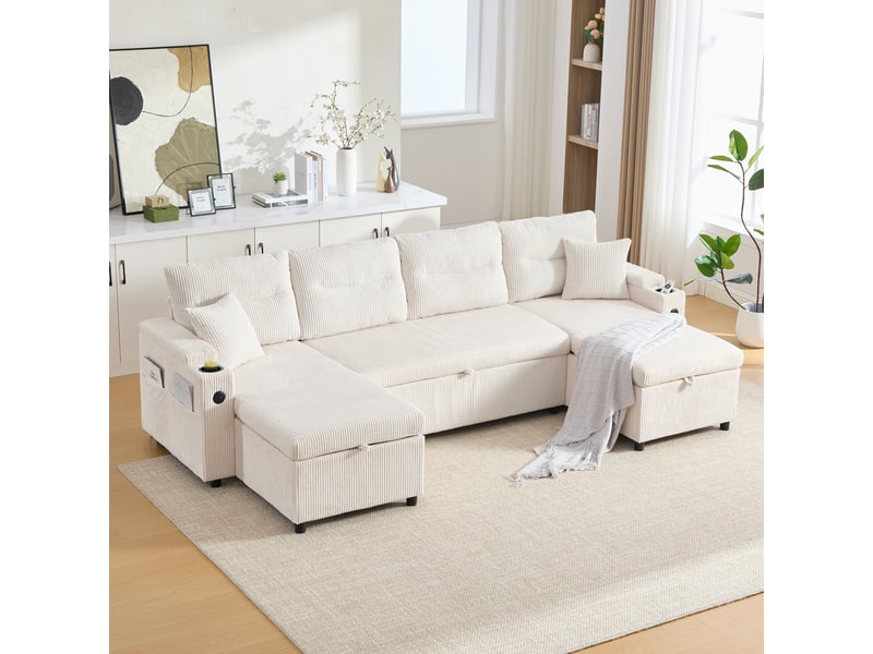  Canapé d'angle convertible 4 places en velours côtelé beige 272x136x86 cm avec rangement, usb-c et porte-gobelets 272x136x86cm - Conforama B