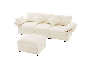 Canapé d'angle en l beige avec pouf modulable, 3 à 4 places, accoudoirs réglables et tissu chenille confortable, pour salon et appartement