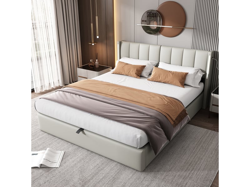  Lit coffre 140x200 cm gris pu - led, rangement hydraulique et tête réglable  - Conforama D