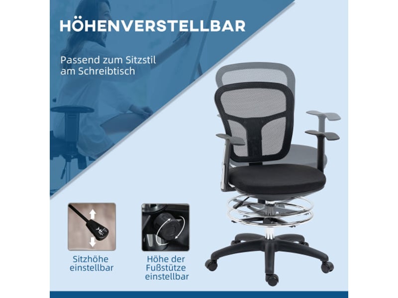 Chaise de bureau ergonomique en mesh noir, accoudoirs, repose-pieds, réglable 95-115 cm  - Conforama D