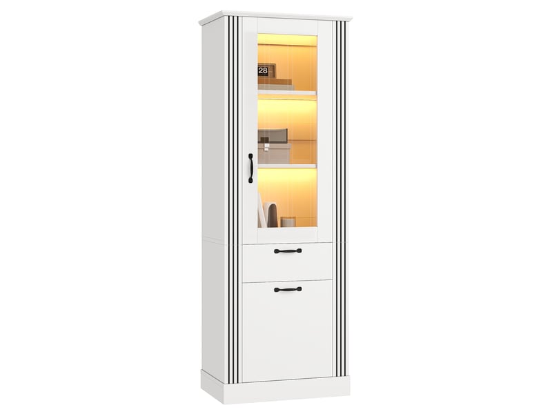  Vitrine haute 62x41x180 cm, éclairage led, commande par application, portes vitrées, porte miroir pour salon et séjour - blanc  - Conforama A